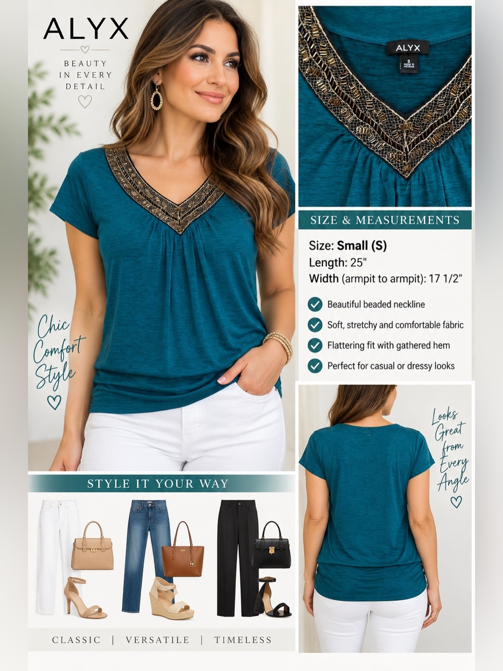 ALYX Women’s Small Teal Beaded V-Neck Short Sleeve Blouse Top Ruched Hem